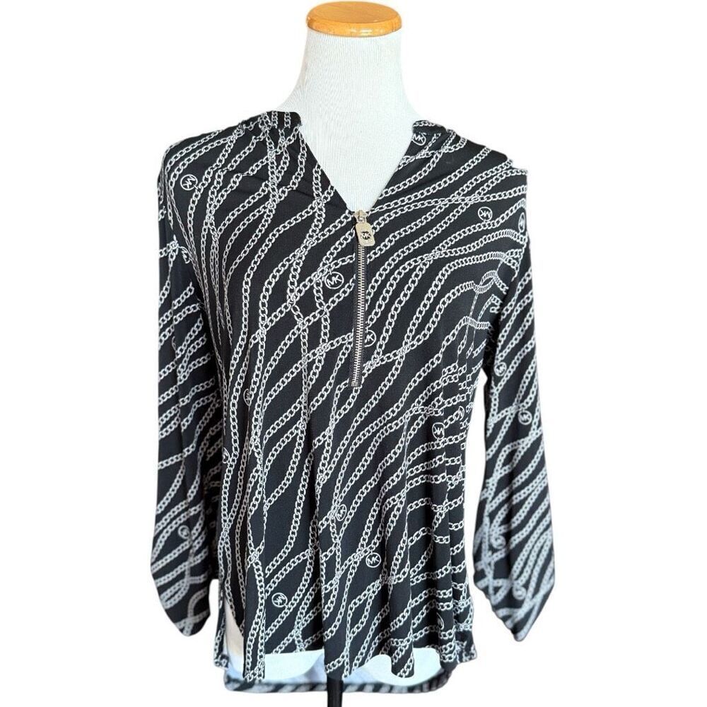 Womens Michael Kors Zip Detail V Neck Chainlink Print Roll Tab Top Blouse - Sz L